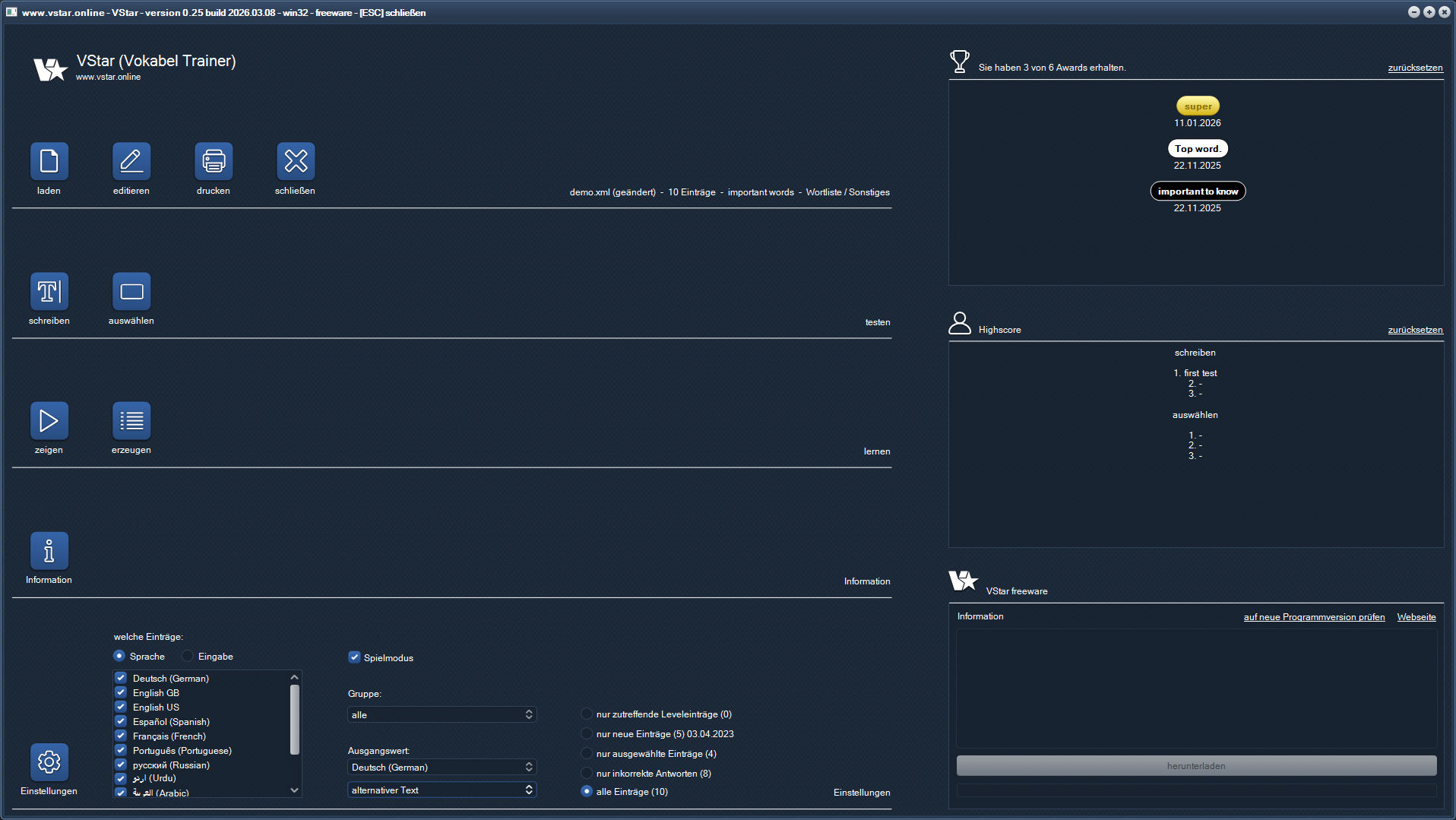 Screenshot VStar online Desktop Menu