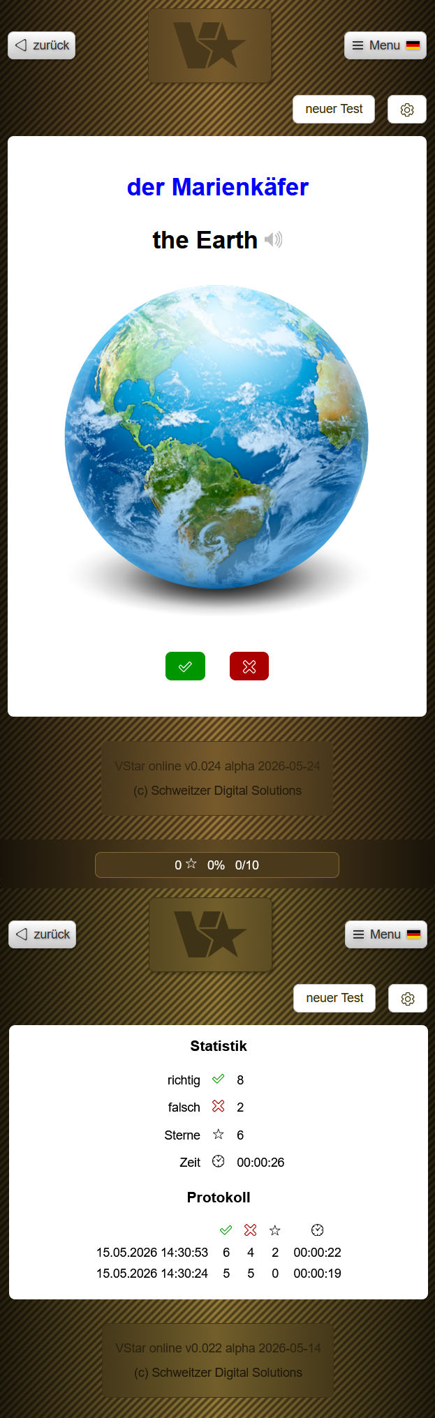 Screenshot VStar online testen von Vokabeln Flip-Card